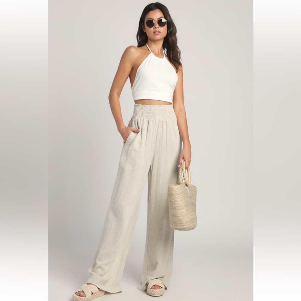 Lulus hit the breeze beige smocked wide-leg pants